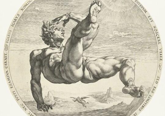 Icarus, Hendrick Goltzius, gravure, particuliere collectie